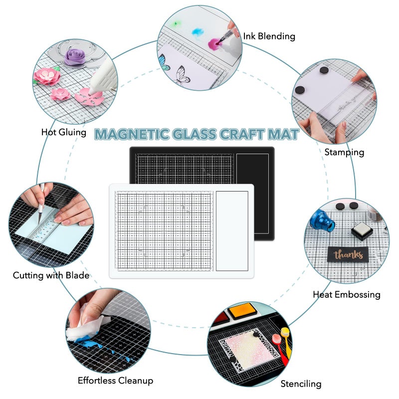 CYFUN DESIGN Glass Craft Mat for Crafting Measuring Painting Work Magnetic Cutting Media Mat for Crafts Tempered Glass Crafting Surface for Cutting Stamping Mixed Media Heat Embossing and Hot Glue Projects, White - Image 3