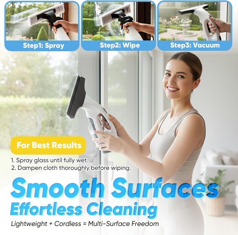 chufa Cordless Window Vacuum Squeegee with Detachable Water Tank, 2000Pa Strong Suction, Rechargeable Glass Cleaner for Windows, Shower, Mirror & Tiles, Lightweight 2-in-1 Wiper with Microfiber Pad - Image 4