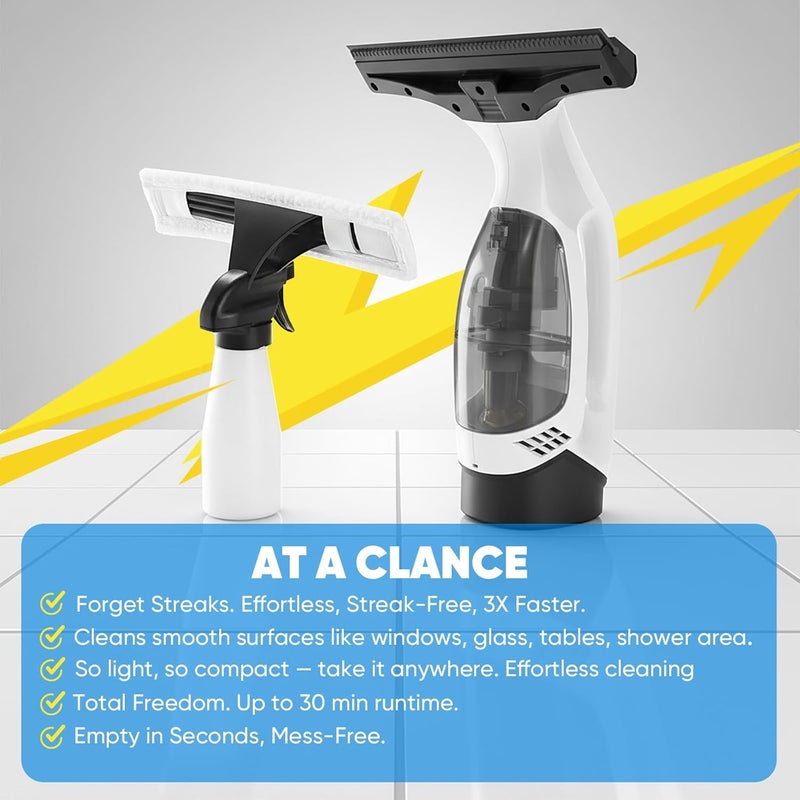 chufa Cordless Window Vacuum Squeegee with Detachable Water Tank, 2000Pa Strong Suction, Rechargeable Glass Cleaner for Windows, Shower, Mirror & Tiles, Lightweight 2-in-1 Wiper with Microfiber Pad - Image 2