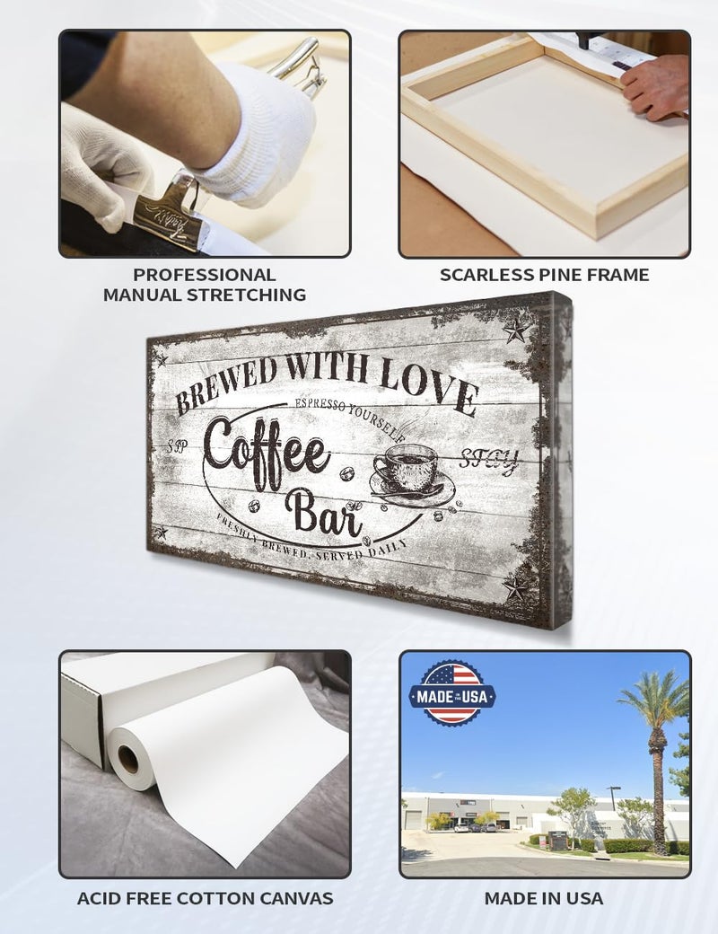 IPIC - Vintage Coffee Bar Sign Brewed with Love, Canvas Print Wall Art for Cafe, Farmhouse Style Wall Decor for Home Kitchen and Coffee Station - Image 5