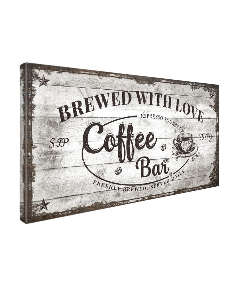 IPIC - Vintage Coffee Bar Sign Brewed with Love, Canvas Print Wall Art for Cafe, Farmhouse Style Wall Decor for Home Kitchen and Coffee Station - Image 1