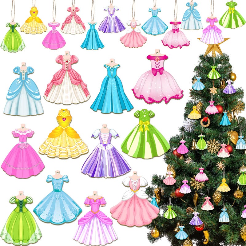 Amyhill 24 Pieces Princess Dress Ornaments for Christmas Tree Wooden Princess Hanging Ornaments for Christmas with Rope Xmas Gifts for Girls Party Supplies Decorations - Image 2