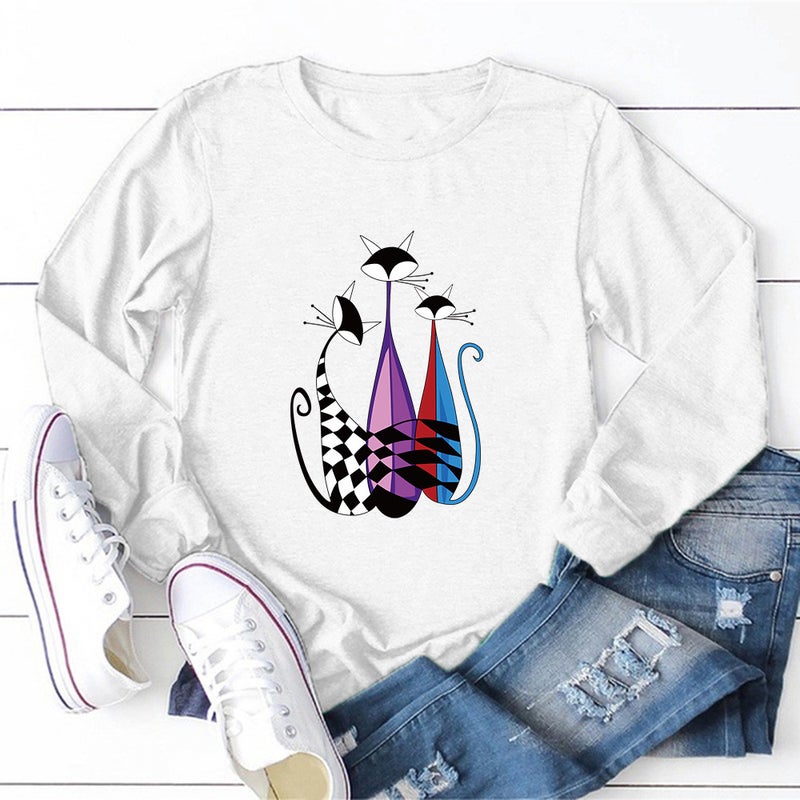 2020 Cross-border New Products Women's Meow Mi Printed Crewneck Loose Pullover Fresh Sweet Pullover Long Sleeve T-shirt - Image 2