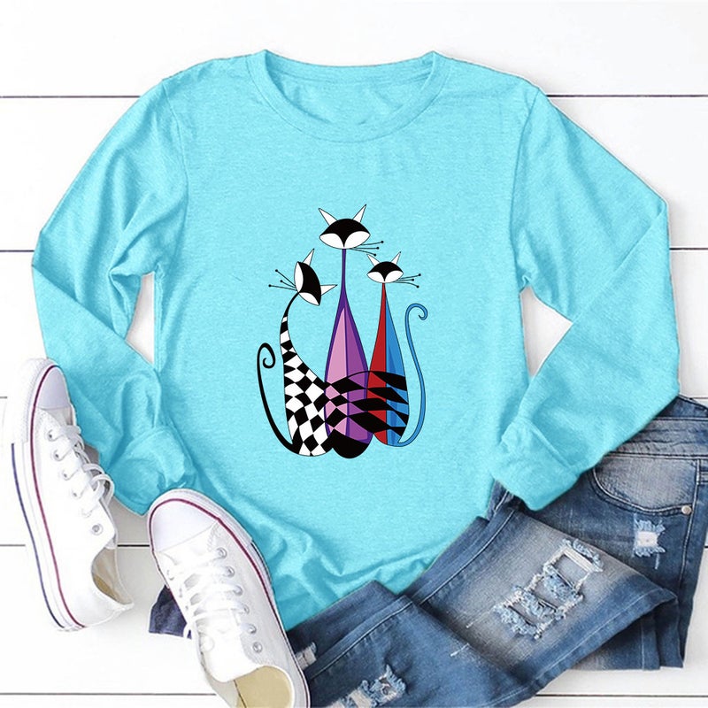 2020 Cross-border New Products Women's Meow Mi Printed Crewneck Loose Pullover Fresh Sweet Pullover Long Sleeve T-shirt - Image 1