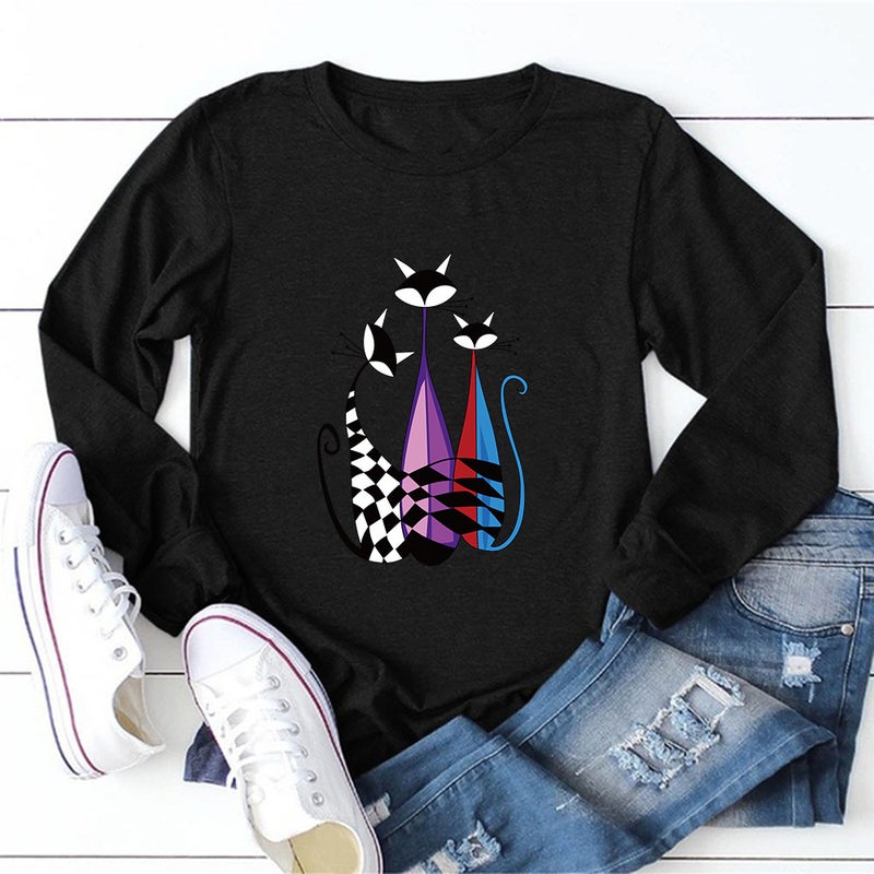 2020 Cross-border New Products Women's Meow Mi Printed Crewneck Loose Pullover Fresh Sweet Pullover Long Sleeve T-shirt - Image 3