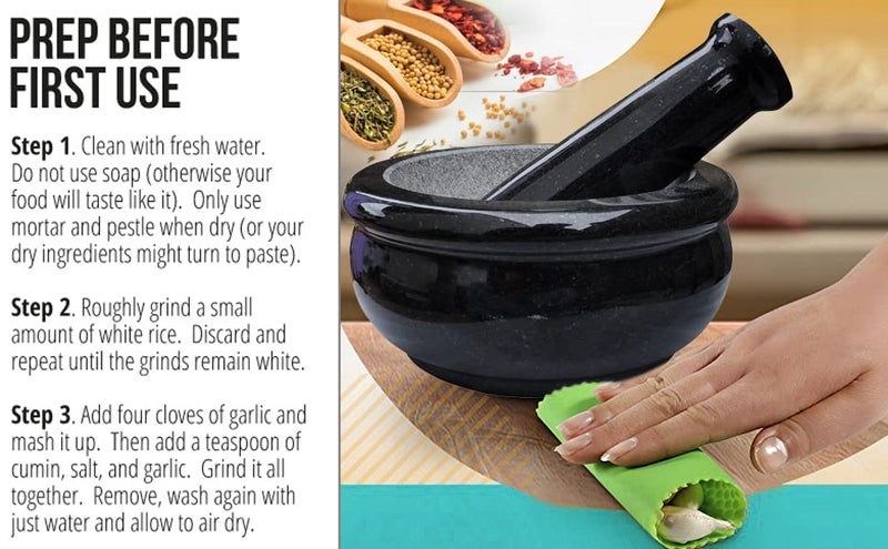 EZAHK EZAHK Mortar and Pestle Set Black Polished Exterior 85 inchBlack Granite Stone  - Image 4