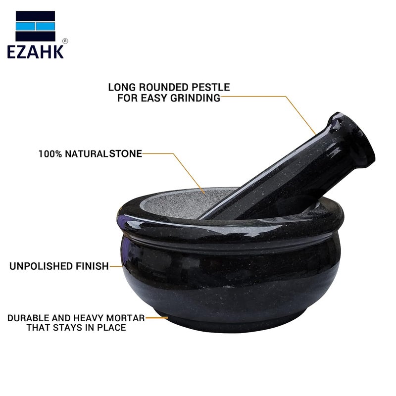 EZAHK EZAHK Mortar and Pestle Set Black Polished Exterior 85 inchBlack Granite Stone  - Image 3