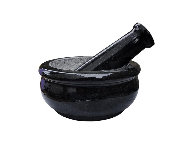 EZAHK EZAHK Mortar and Pestle Set Black Polished Exterior 85 inchBlack Granite Stone  - Image 1