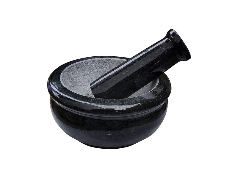 EZAHK EZAHK Mortar and Pestle Set Black Polished Exterior 85 inchBlack Granite Stone  - Image 2