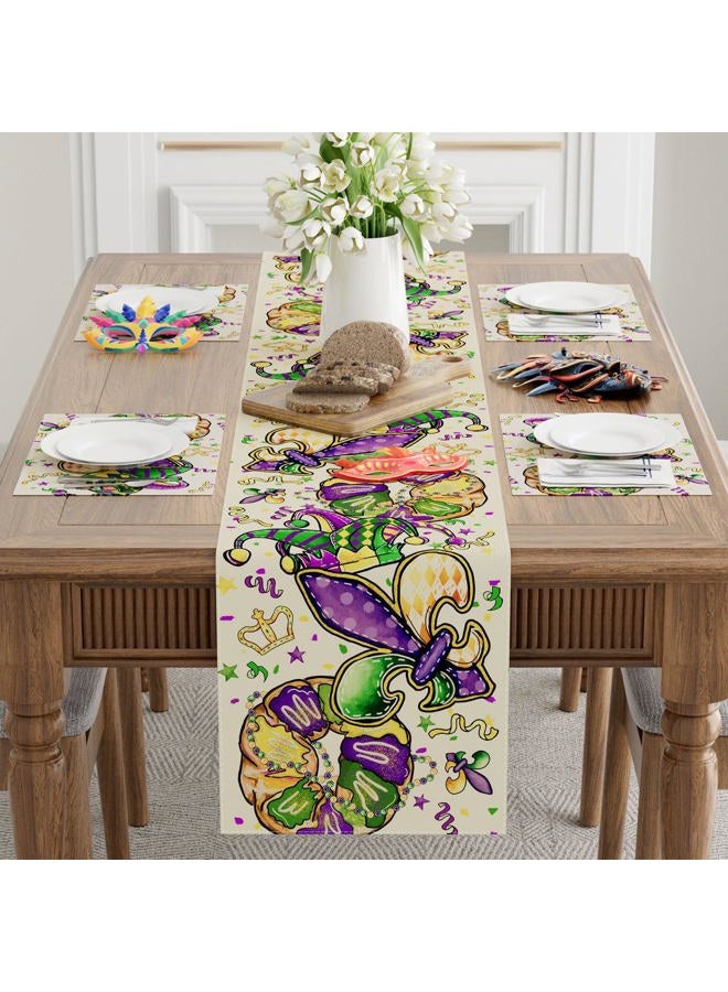 XCHI Doughnuts Iris Fleur De Lis Hat Mardi Gras Table Runner Carnival Table Decoration for Masquerade Party Home Kitchen Dining Holiday Decor 13x72 Inch - Image 2