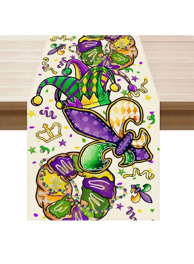 XCHI Doughnuts Iris Fleur De Lis Hat Mardi Gras Table Runner Carnival Table Decoration for Masquerade Party Home Kitchen Dining Holiday Decor 13x72 Inch - Image 1