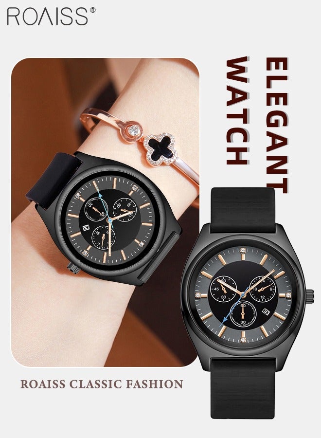 رويس ساعة كوارتز نسائية بحزام السيليكون بقرص دائري مع أقراص فرعية مزخرفة، ساعة يد فاخرة ومضيئة مقاومة للماء كهدية للسيدات - Image 1