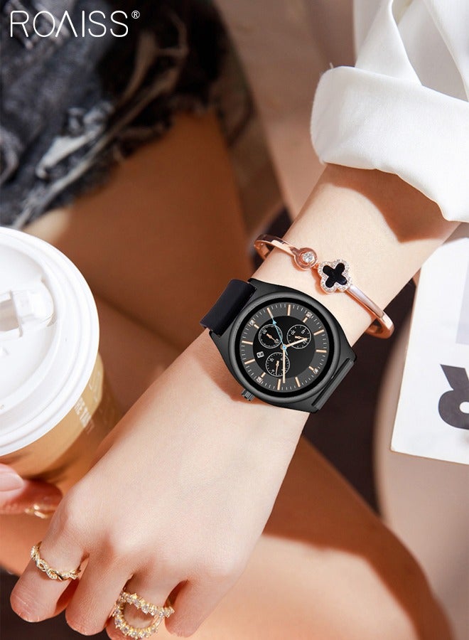 رويس ساعة كوارتز نسائية بحزام السيليكون بقرص دائري مع أقراص فرعية مزخرفة، ساعة يد فاخرة ومضيئة مقاومة للماء كهدية للسيدات - Image 2