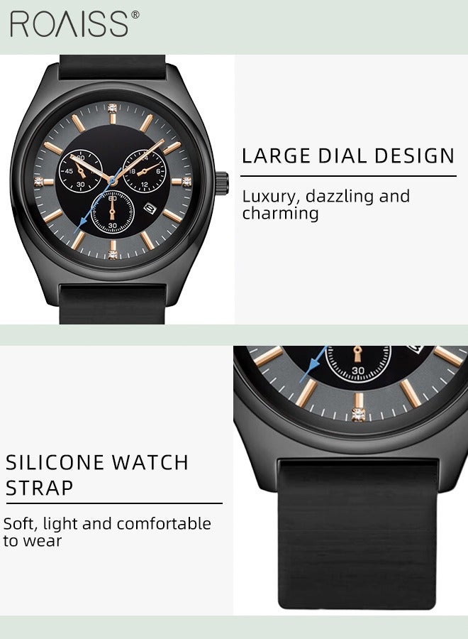 رويس ساعة كوارتز نسائية بحزام السيليكون بقرص دائري مع أقراص فرعية مزخرفة، ساعة يد فاخرة ومضيئة مقاومة للماء كهدية للسيدات - Image 5