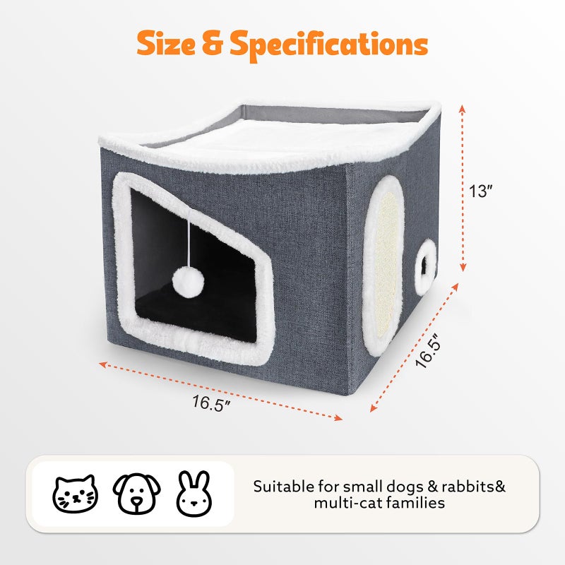 Tovve Heated Cat House for Indoor, Large Cat Bed with Heating Pad, Adjustable Temperature & Timing, with Fluffy Ball Hanging and Scratch Pad, Foldable Pet Hideaway for Small Medium and Large Catsï¼ˆXLï¼‰ - Image 2