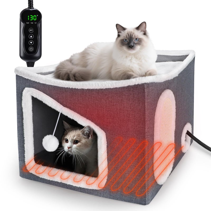 Tovve Heated Cat House for Indoor, Large Cat Bed with Heating Pad, Adjustable Temperature & Timing, with Fluffy Ball Hanging and Scratch Pad, Foldable Pet Hideaway for Small Medium and Large Catsï¼ˆXLï¼‰ - Image 1