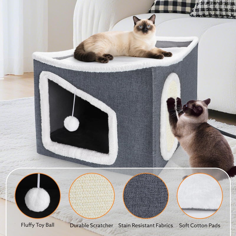 Tovve Heated Cat House for Indoor, Large Cat Bed with Heating Pad, Adjustable Temperature & Timing, with Fluffy Ball Hanging and Scratch Pad, Foldable Pet Hideaway for Small Medium and Large Catsï¼ˆXLï¼‰ - Image 3