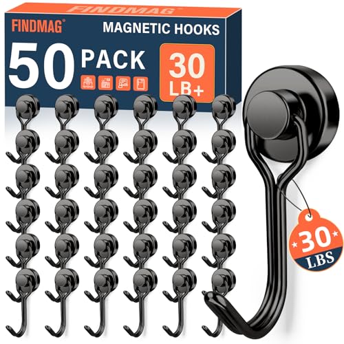 FINDMAG 50 Pack Magnetic Hooks 30lbs Magnetic Hooks Heavy Duty for Cruise Strong Magnet Hooks for Fridge Neodymium Magnets with Hooks for Kitchen Grill Home Garage Toolbox Black - Image 1