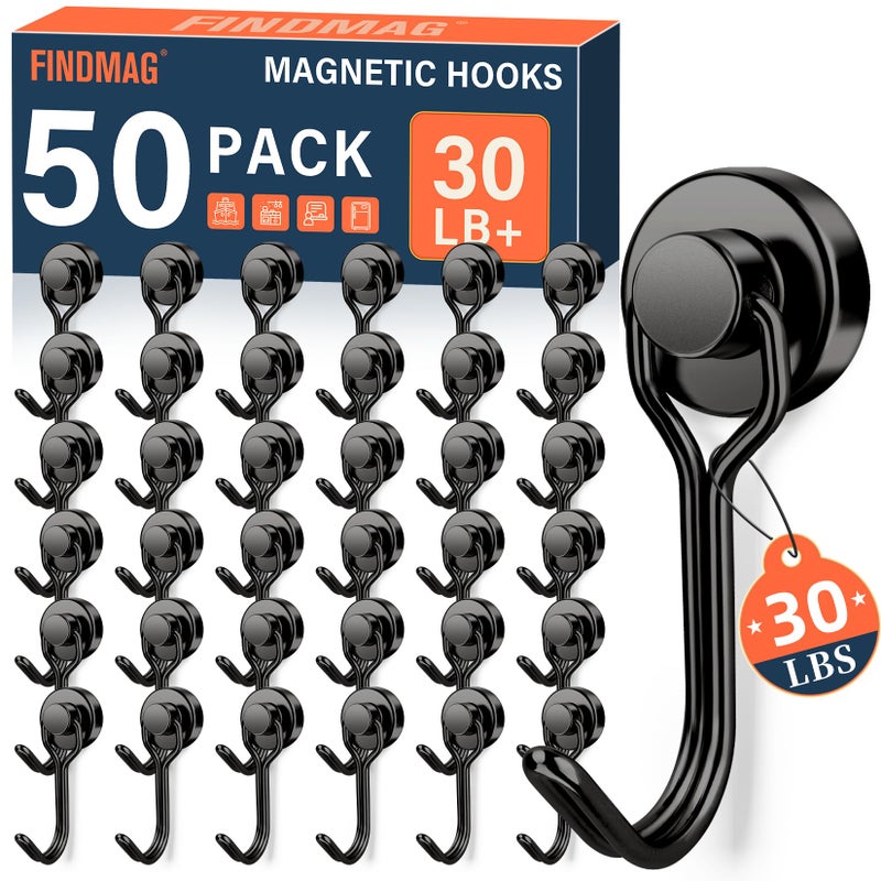 FINDMAG 50 Pack Magnetic Hooks 30lbs Magnetic Hooks Heavy Duty for Cruise Strong Magnet Hooks for Fridge Neodymium Magnets with Hooks for Kitchen Grill Home Garage Toolbox Black - Image 2
