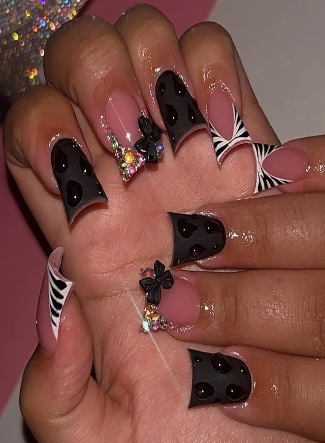 GRITOSE 24Pcs Black Duck Press on Nails Short French Tip Fake Nails Glossy Reusable False Nail with 3D Bow Rhinestone Design Handmade Duck Nails Press ons Holiday Cute Stick on Nails for Women DIY Manicure - Image 3