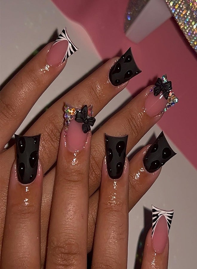 GRITOSE 24Pcs Black Duck Press on Nails Short French Tip Fake Nails Glossy Reusable False Nail with 3D Bow Rhinestone Design Handmade Duck Nails Press ons Holiday Cute Stick on Nails for Women DIY Manicure - Image 2