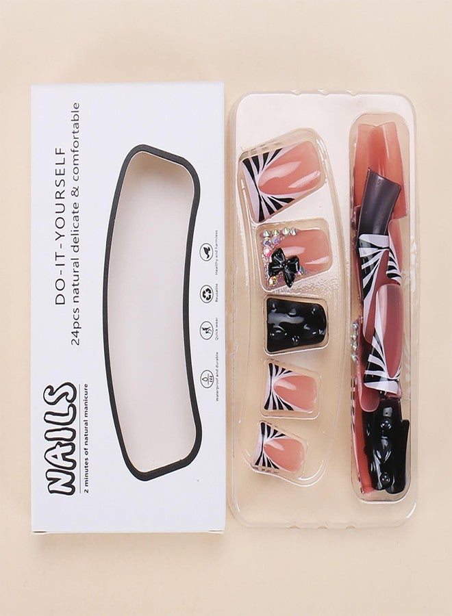 GRITOSE 24Pcs Black Duck Press on Nails Short French Tip Fake Nails Glossy Reusable False Nail with 3D Bow Rhinestone Design Handmade Duck Nails Press ons Holiday Cute Stick on Nails for Women DIY Manicure - Image 4