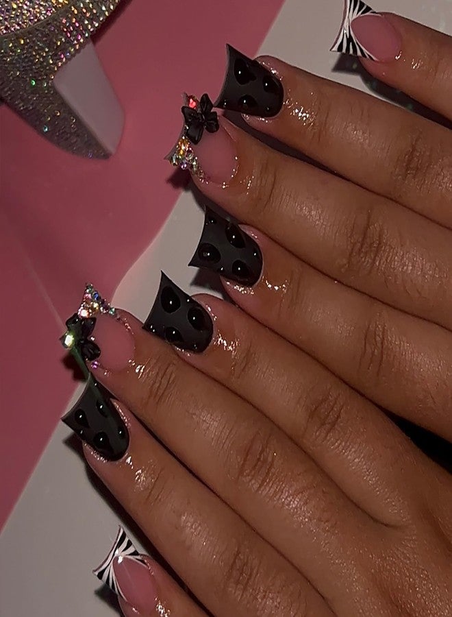 GRITOSE 24Pcs Black Duck Press on Nails Short French Tip Fake Nails Glossy Reusable False Nail with 3D Bow Rhinestone Design Handmade Duck Nails Press ons Holiday Cute Stick on Nails for Women DIY Manicure - Image 1