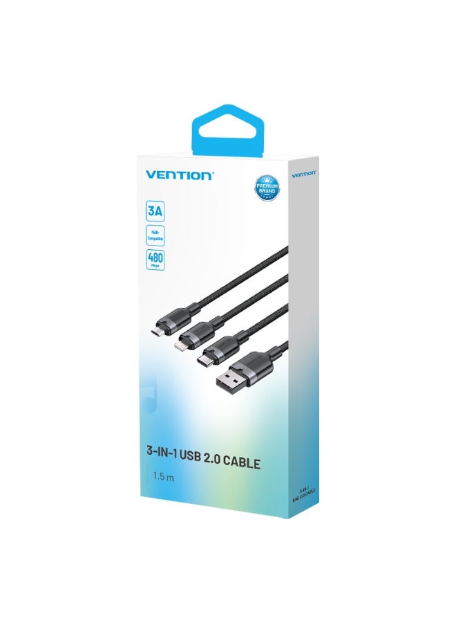 VENTION VENTION USB 2.0 A Male to 3-in-1 USB-C & Lightning & Micro-B Male 3A Cable 1.5M Black Aluminum Alloy Type Model# CTPBG - Image 2