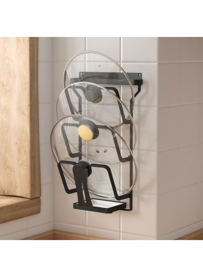 Smart Storage ✨ Wall Mounted Pot Lid Organizer with Drip Tray Keep your kitchen neat and organized with this smart wall mounted pot lid organizer. Designed to store pot lids, pan covers, and cutting boards in one place, it helps save valuable kitchen space while keeping everything easily accessible. The strong carbon steel frame ensures durability and stability, making it perfect for daily kitchen use. - Image 1