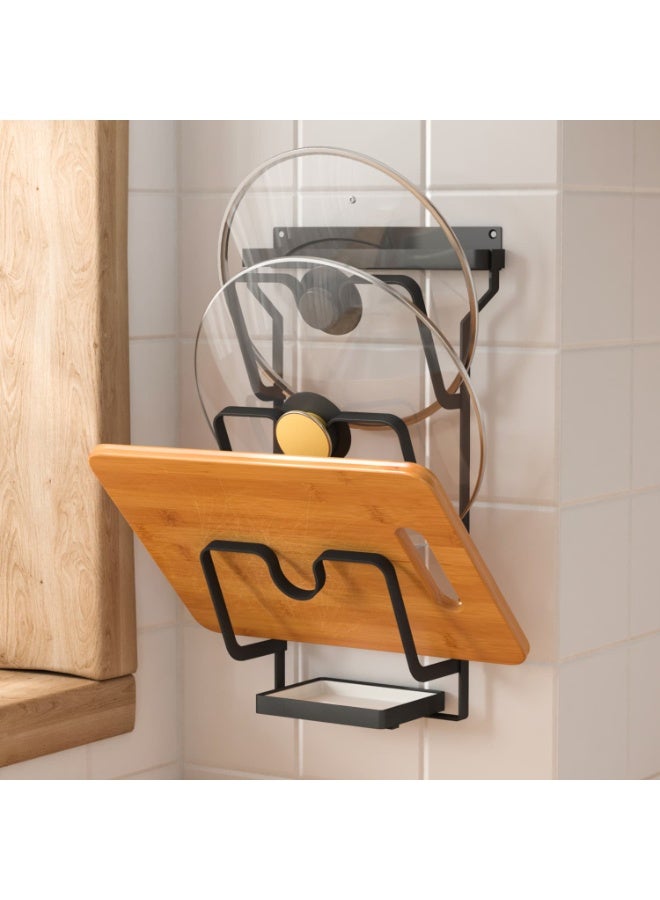 Smart Storage ✨ Wall Mounted Pot Lid Organizer with Drip Tray Keep your kitchen neat and organized with this smart wall mounted pot lid organizer. Designed to store pot lids, pan covers, and cutting boards in one place, it helps save valuable kitchen space while keeping everything easily accessible. The strong carbon steel frame ensures durability and stability, making it perfect for daily kitchen use. - Image 4