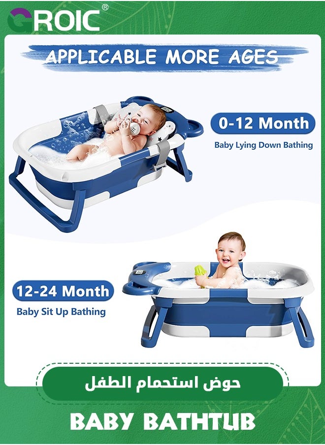 GROIC Collapsible Baby Bathtub for Newborn with Thermometer & 1 Soft Floating Cushion,Portable Travel Bathtub with Drain Hole, Durable Foldable Baby Tubs,Baby Bathtub with Bath Pad(Blue)  - Image 3