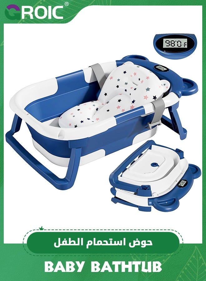 GROIC Collapsible Baby Bathtub for Newborn with Thermometer & 1 Soft Floating Cushion,Portable Travel Bathtub with Drain Hole, Durable Foldable Baby Tubs,Baby Bathtub with Bath Pad(Blue)