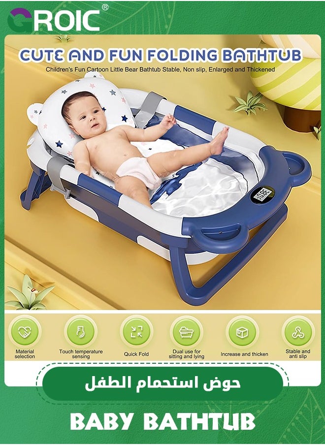 GROIC Collapsible Baby Bathtub for Newborn with Thermometer & 1 Soft Floating Cushion,Portable Travel Bathtub with Drain Hole, Durable Foldable Baby Tubs,Baby Bathtub with Bath Pad(Blue)  - Image 2