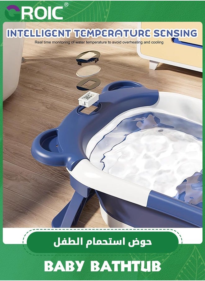GROIC Collapsible Baby Bathtub for Newborn with Thermometer & 1 Soft Floating Cushion,Portable Travel Bathtub with Drain Hole, Durable Foldable Baby Tubs,Baby Bathtub with Bath Pad(Blue)  - Image 4