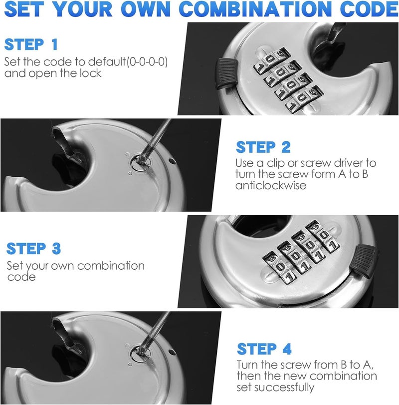 Glowick Heavy Duty Combination Lock Keyless Lock 4 Digit Combination Stainless Steel Disc Padlock for Outdoor Sheds Fence Gate Hasps Storage Unit School Gym Locker 1Pcs Silver - Image 3