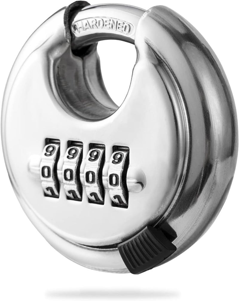 Glowick Heavy Duty Combination Lock Keyless Lock 4 Digit Combination Stainless Steel Disc Padlock for Outdoor Sheds Fence Gate Hasps Storage Unit School Gym Locker 1Pcs Silver - Image 1