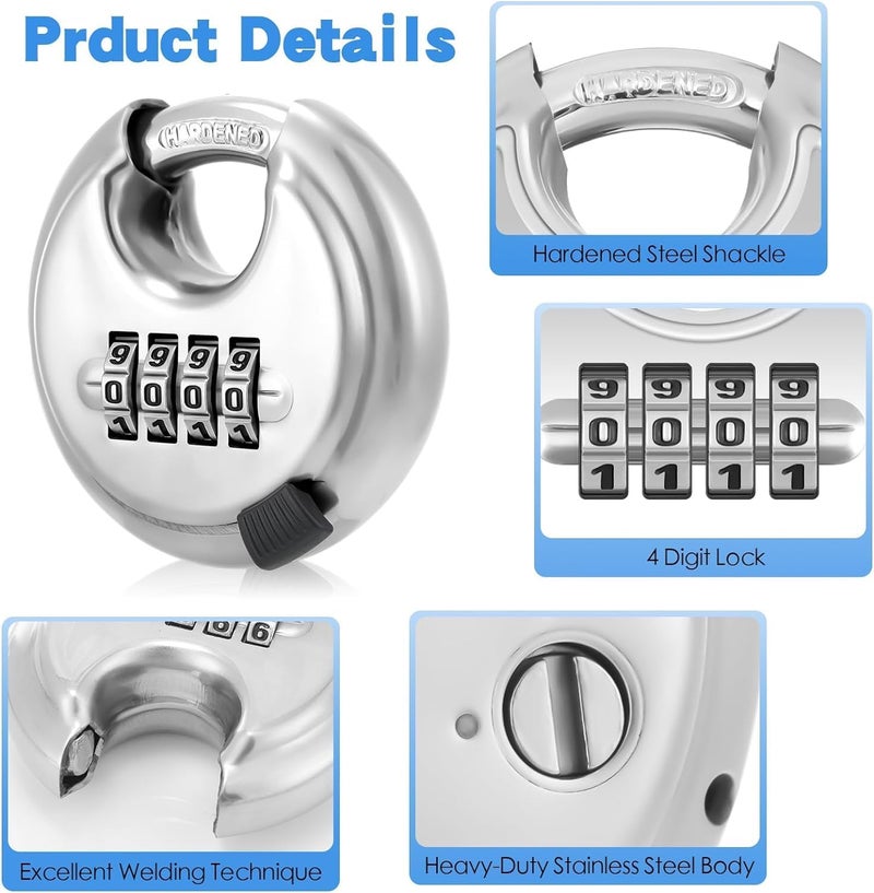 Glowick Heavy Duty Combination Lock Keyless Lock 4 Digit Combination Stainless Steel Disc Padlock for Outdoor Sheds Fence Gate Hasps Storage Unit School Gym Locker 1Pcs Silver - Image 2