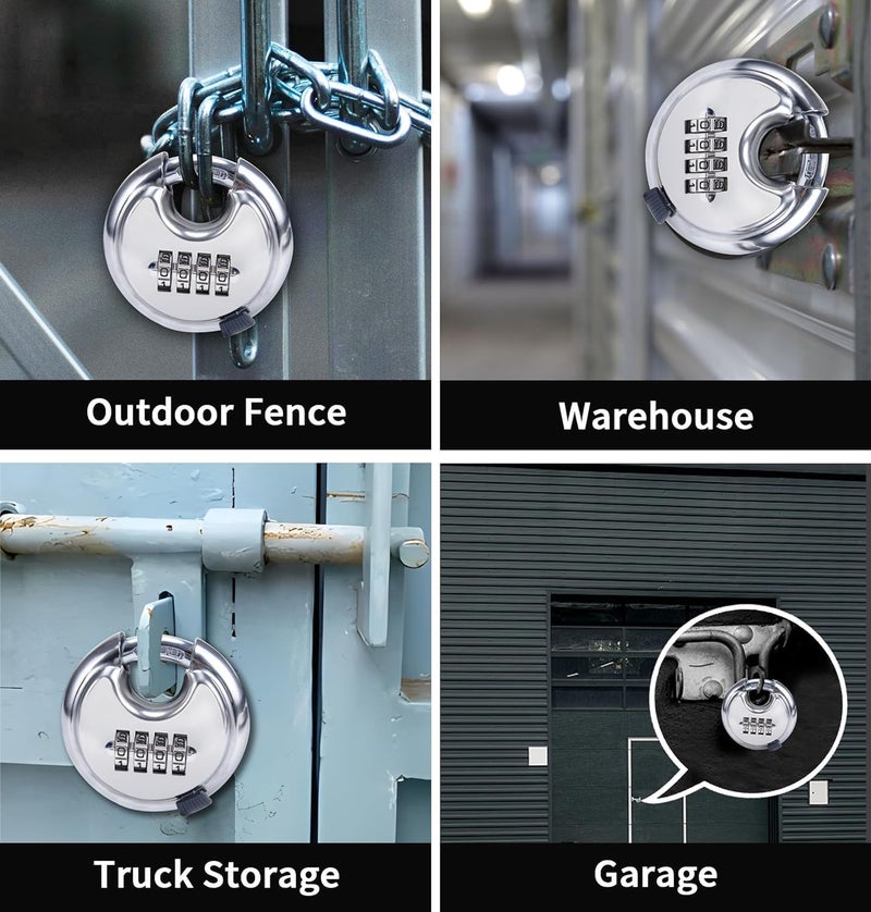 Glowick Heavy Duty Combination Lock Keyless Lock 4 Digit Combination Stainless Steel Disc Padlock for Outdoor Sheds Fence Gate Hasps Storage Unit School Gym Locker 1Pcs Silver - Image 5