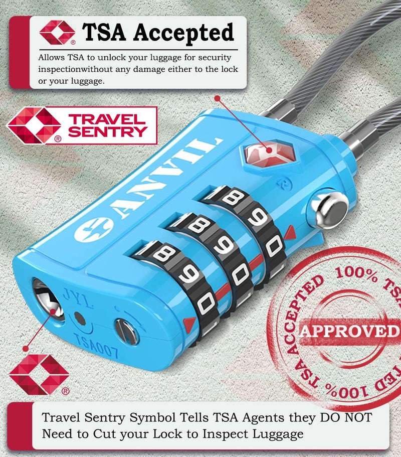 Anvil TSA Locks for Luggage – TSA Approved Cable Travel Lock with Zinc Alloy Body, 3-Digit Combination Lock for Suitcases, Backpacks, Gun Cases, Zippers - Image 2