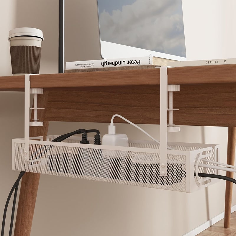 White Under Desk Cable Management Tray No Drill Steel Storage Box Lightweight Durable Multiple Compartments Home Office Kitchen Use Modern Organizer Accessory - Image 2