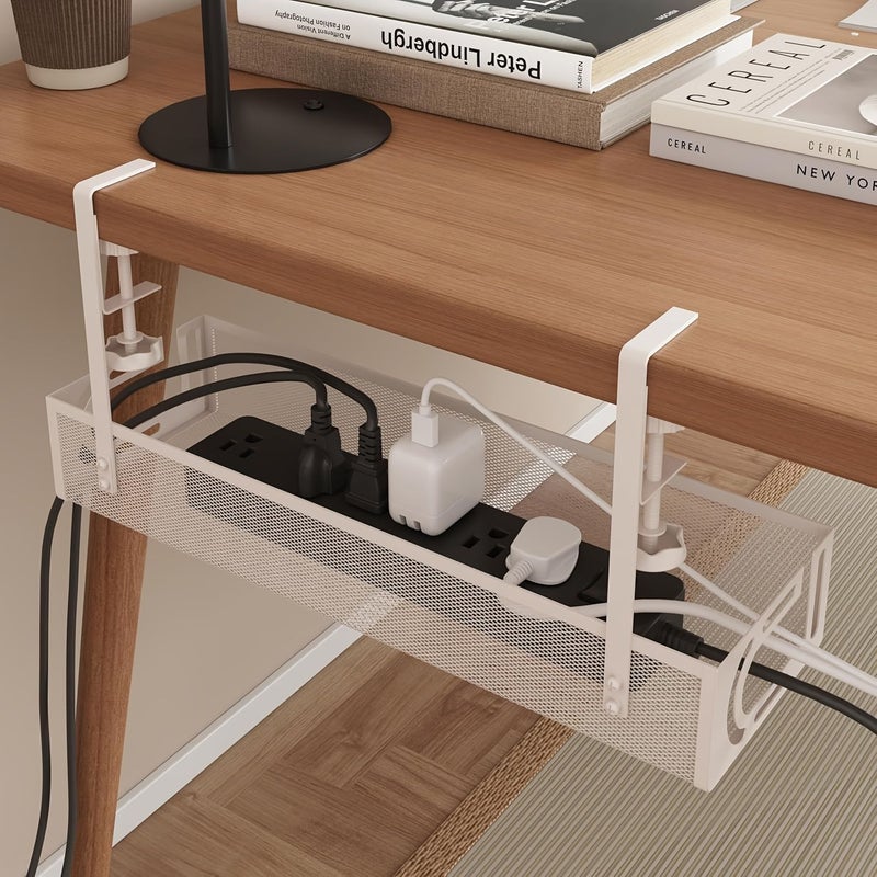 White Under Desk Cable Management Tray No Drill Steel Storage Box Lightweight Durable Multiple Compartments Home Office Kitchen Use Modern Organizer Accessory - Image 4