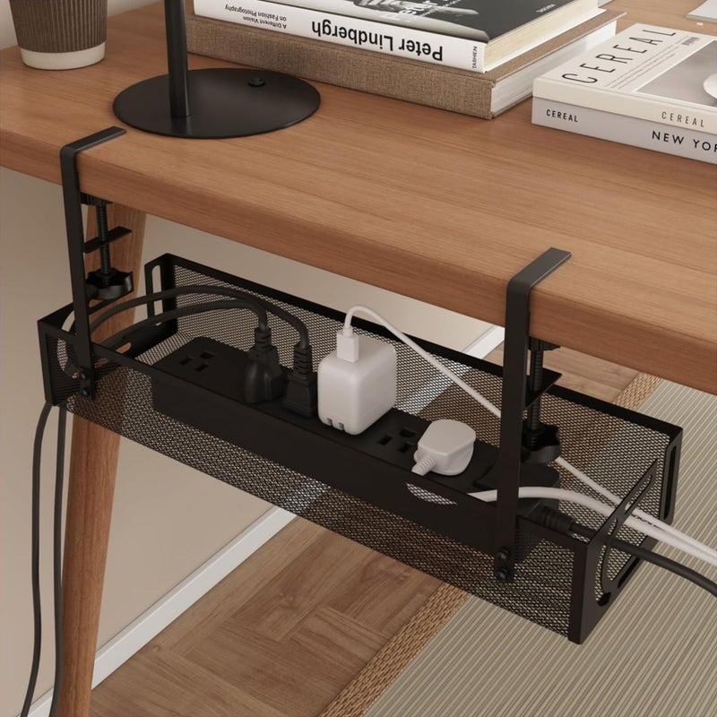 White Under Desk Cable Management Tray No Drill Steel Storage Box Lightweight Durable Multiple Compartments Home Office Kitchen Use Modern Organizer Accessory - Image 1