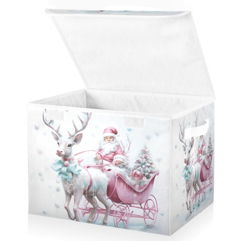 senya Christmas Baskets Collapsible Storage Bins with Lids Christmas Santa Claus Pink Reindeer Storage Boxes Clothes Baskets for Organizing - Image 2