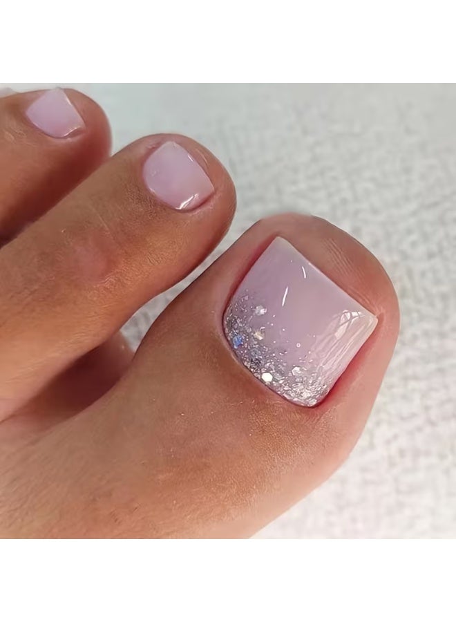 LANGMANNI 24Pcs Pink Glitter Ombre Press On Toenails, Short Square Fake Toe Nails with Sparkle, Detachable Reusable Wearable False Nails for Women - Image 1