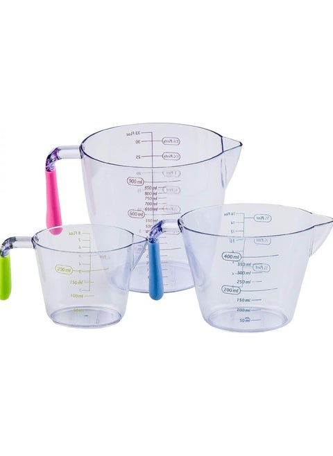 A set of transparent plastic straws consisting of 3 pieces with a capacity of 200, 400 and 900 ml. It comes with a handle and is used for cooking and baking.
