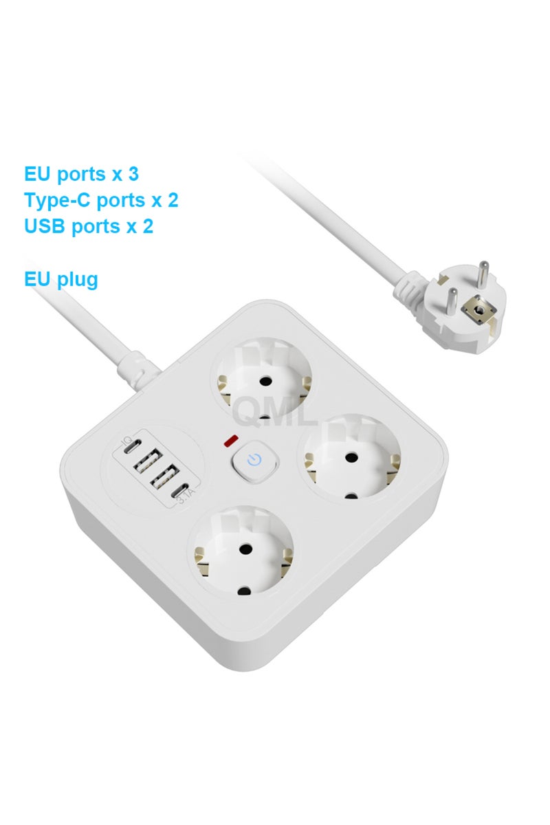 EU Plug WHITE 3 Way European Power Strip Overload Protection 2M Extension Wire EU Power Socket With