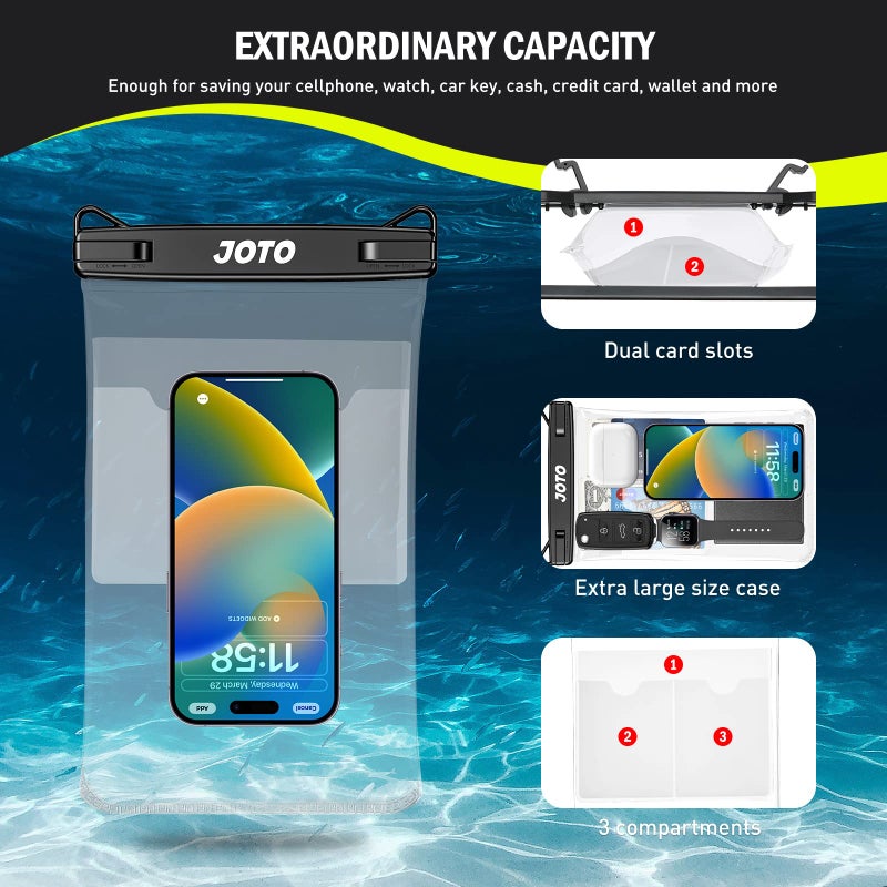 JOTO 2 Pack Large Waterproof Phone Pouch Bag, IPX8 Big Underwater Dry Bag with Lanyard for iPhone 17 Air 16 15 14 Plus Pro Max, Galaxy S24 S23 Ultra, Airpods Cash Credit Card Essentials -Black - Image 3