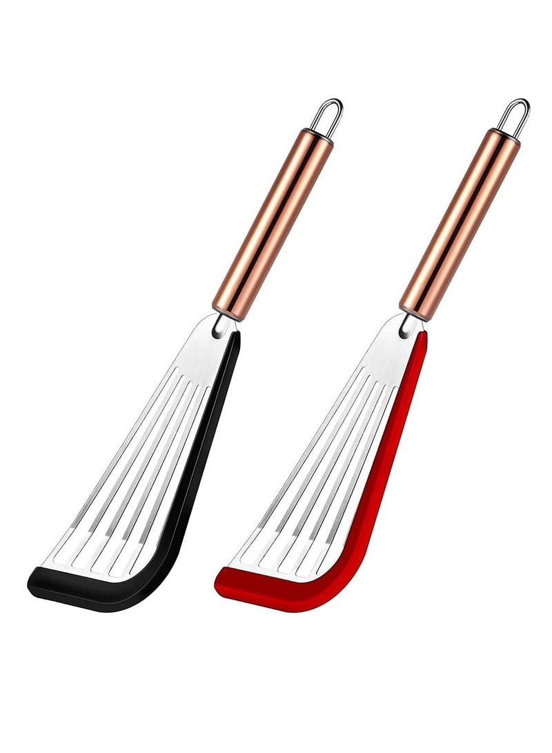 NIBEMINENT Slotted Spatula Stainless Steel with Flexible Silicone Top Soft Edge Turner Golden Handle for Kitchen Restaurant Cooking (2 PCS Black and Red) - Image 1