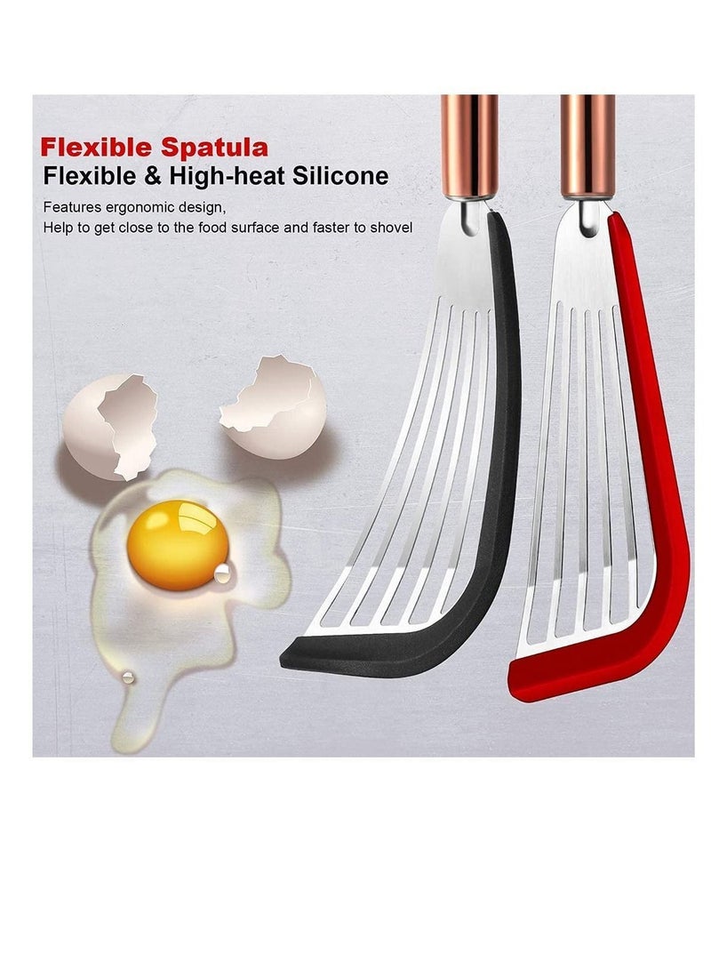 NIBEMINENT Slotted Spatula Stainless Steel with Flexible Silicone Top Soft Edge Turner Golden Handle for Kitchen Restaurant Cooking (2 PCS Black and Red) - Image 2