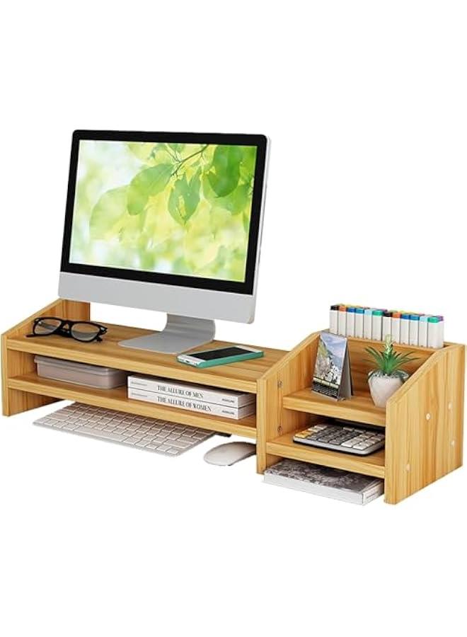 تراسل حامل شاشة من تراسل، منظم مكتب خشبي من طبقتين مع مساحة تخزين، حامل شاشة لابتوب مع حامل قلم للكمبيوتر واللاب توب والطابعة - Image 1